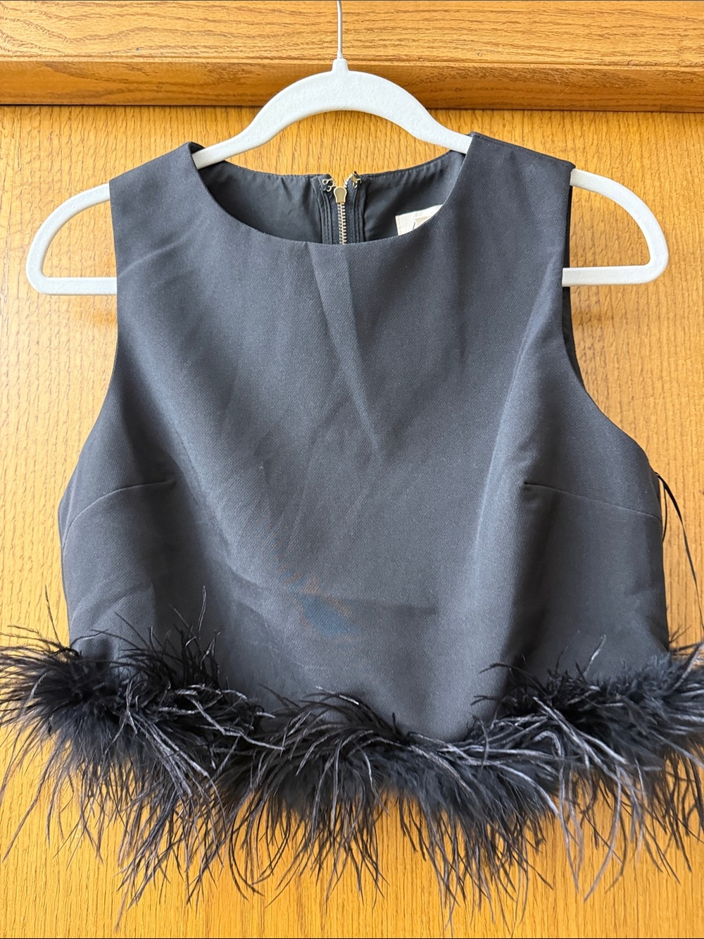 Lena Black Feather-Trim Crop Top with Gold Zipper